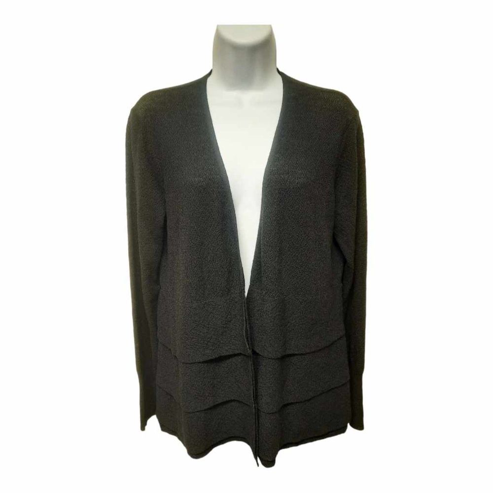 Eileen Fisher Black Cardigan Open Front 3 Teired Italian Yarn 100% Wool Small
